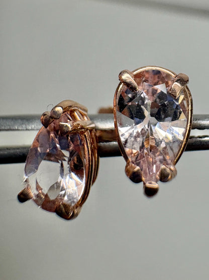 Morganite Stud Earrings Pear Tear Shape 14k Rose Gold 8x5mm - NewLifeJewelryVault