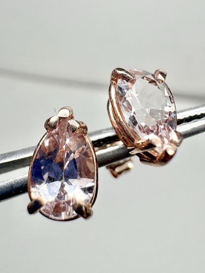 Morganite Stud Earrings Pear Tear Shape 14k Rose Gold 8x5mm - NewLifeJewelryVault