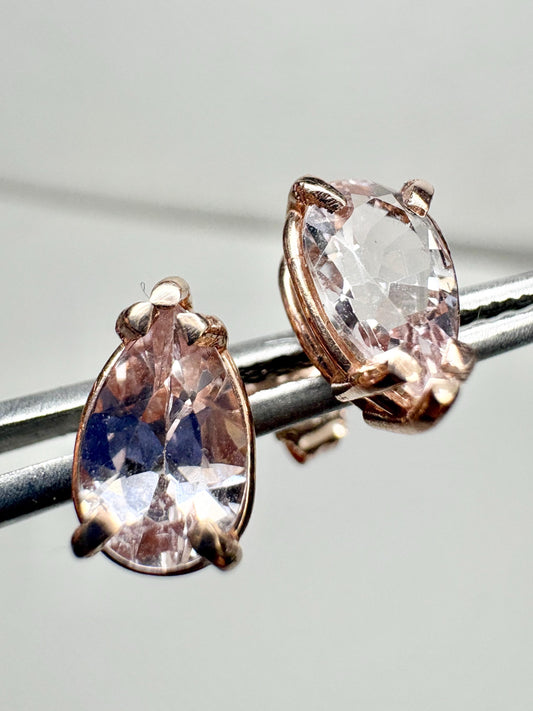 Morganite Stud Earrings Pear Tear Shape 14k Rose Gold 8x5mm - NewLifeJewelryVault