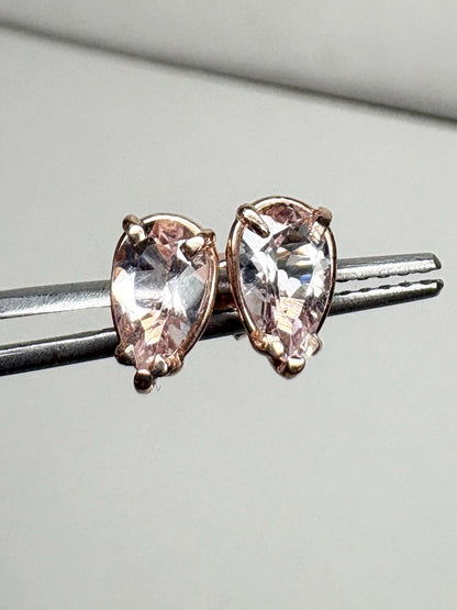 Morganite Stud Earrings Pear Tear Shape 14k Rose Gold 8x5mm - NewLifeJewelryVault