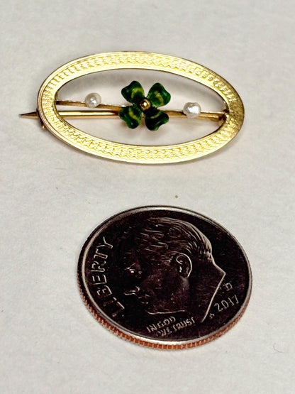 Victorian Enameled Four Leafed Clover and Seed Pearl Brooch in Solid 10k Gold - NewLifeJewelryVault