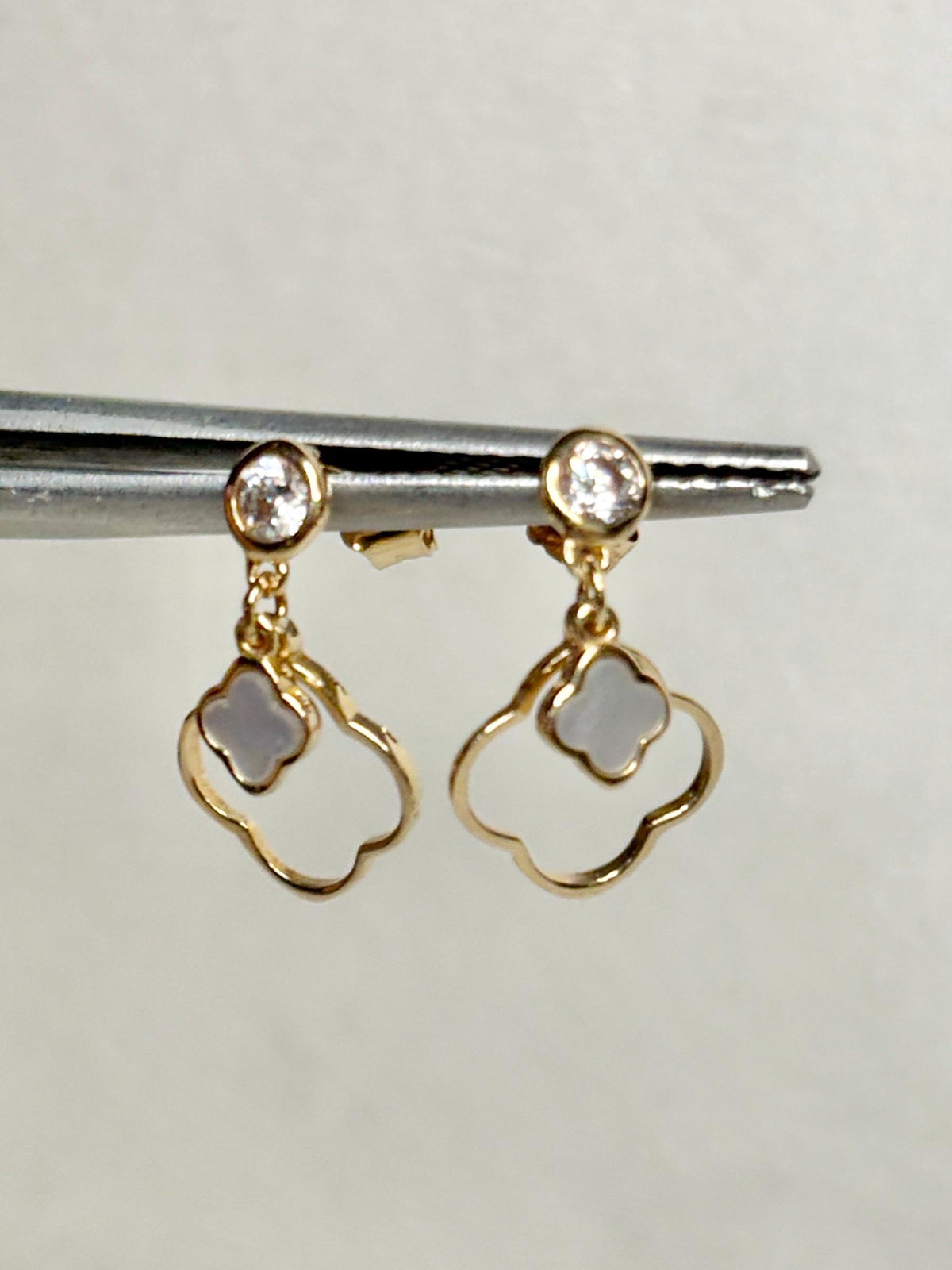 Quatrefoil Mother of Pearl and CZ Dangle Drop Earrings Solid 14k Gold - NewLifeJewelryVault