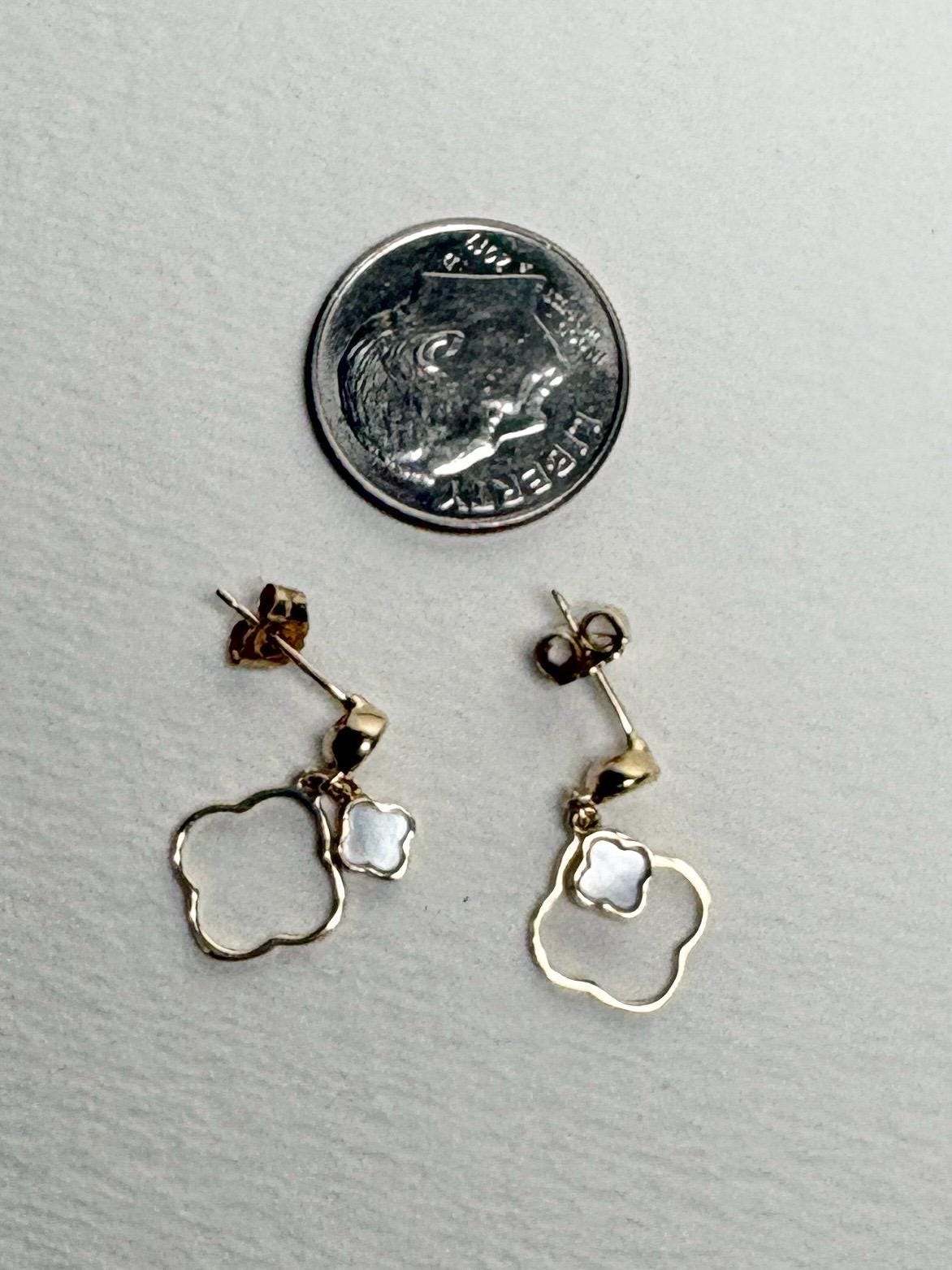 Quatrefoil Mother of Pearl and CZ Dangle Drop Earrings Solid 14k Gold - NewLifeJewelryVault