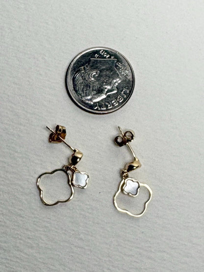 Quatrefoil Mother of Pearl and CZ Dangle Drop Earrings Solid 14k Gold - NewLifeJewelryVault
