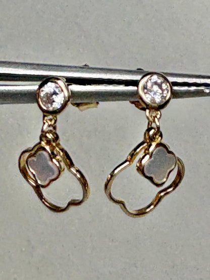 Quatrefoil Mother of Pearl and CZ Dangle Drop Earrings Solid 14k Gold - NewLifeJewelryVault