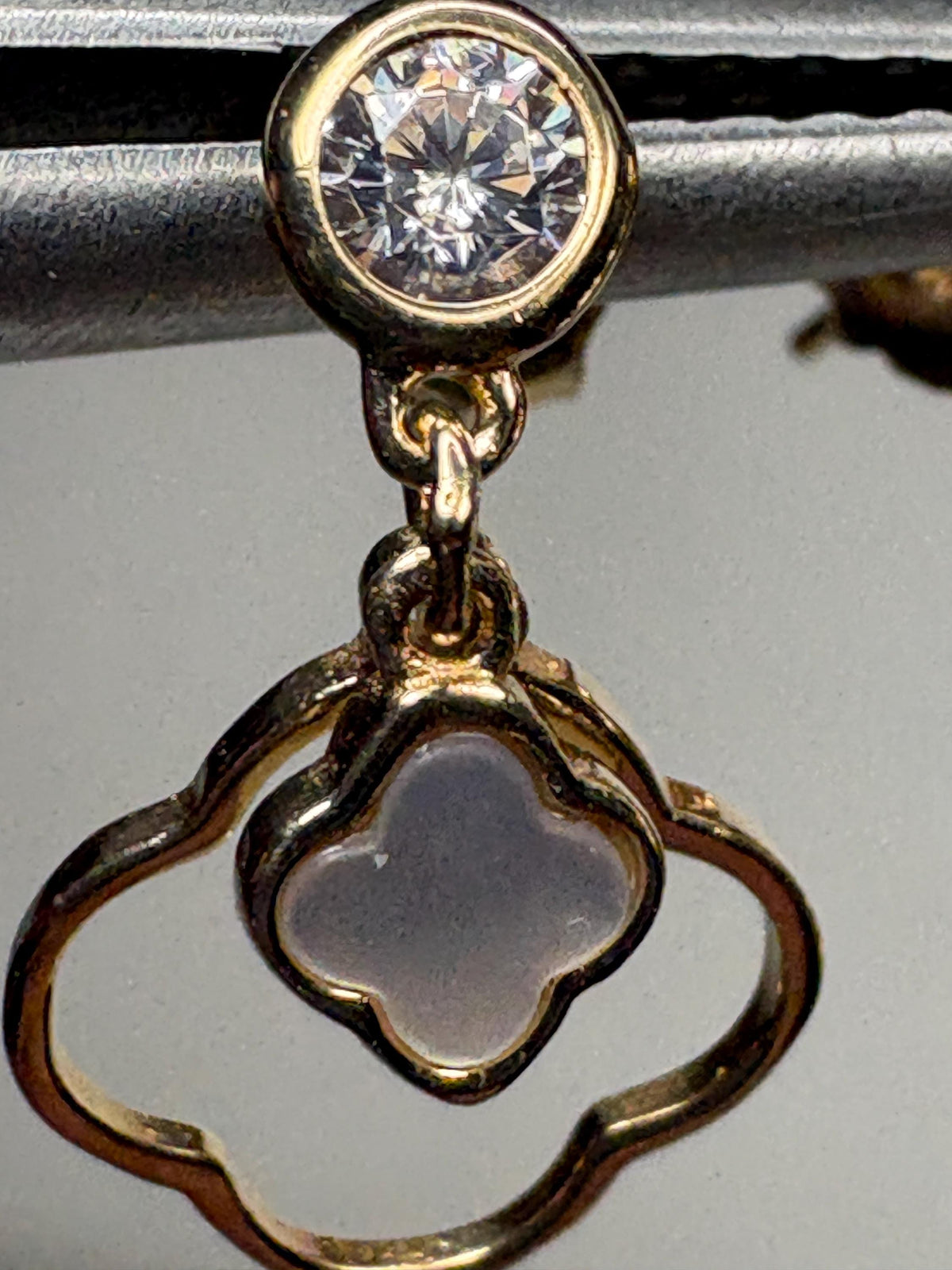 Quatrefoil Mother of Pearl and CZ Dangle Drop Earrings Solid 14k Gold - NewLifeJewelryVault