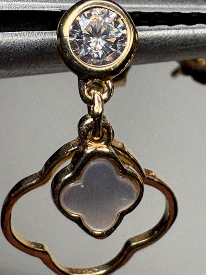 Quatrefoil Mother of Pearl and CZ Dangle Drop Earrings Solid 14k Gold - NewLifeJewelryVault