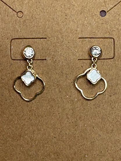 Quatrefoil Mother of Pearl and CZ Dangle Drop Earrings Solid 14k Gold - NewLifeJewelryVault