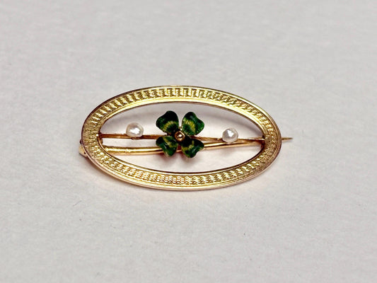 Victorian Enameled Four Leafed Clover and Seed Pearl Brooch in Solid 10k Gold - NewLifeJewelryVault