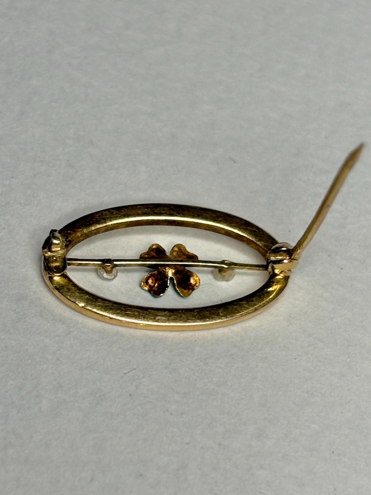 Victorian Enameled Four Leafed Clover and Seed Pearl Brooch in Solid 10k Gold - NewLifeJewelryVault