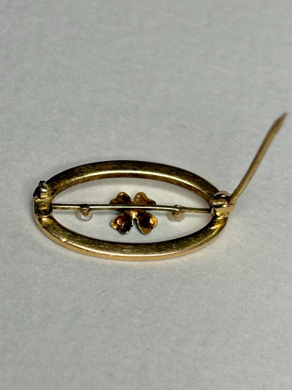 Victorian Enameled Four Leafed Clover and Seed Pearl Brooch in Solid 10k Gold - NewLifeJewelryVault