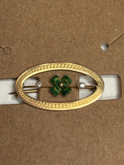 Victorian Enameled Four Leafed Clover and Seed Pearl Brooch in Solid 10k Gold - NewLifeJewelryVault