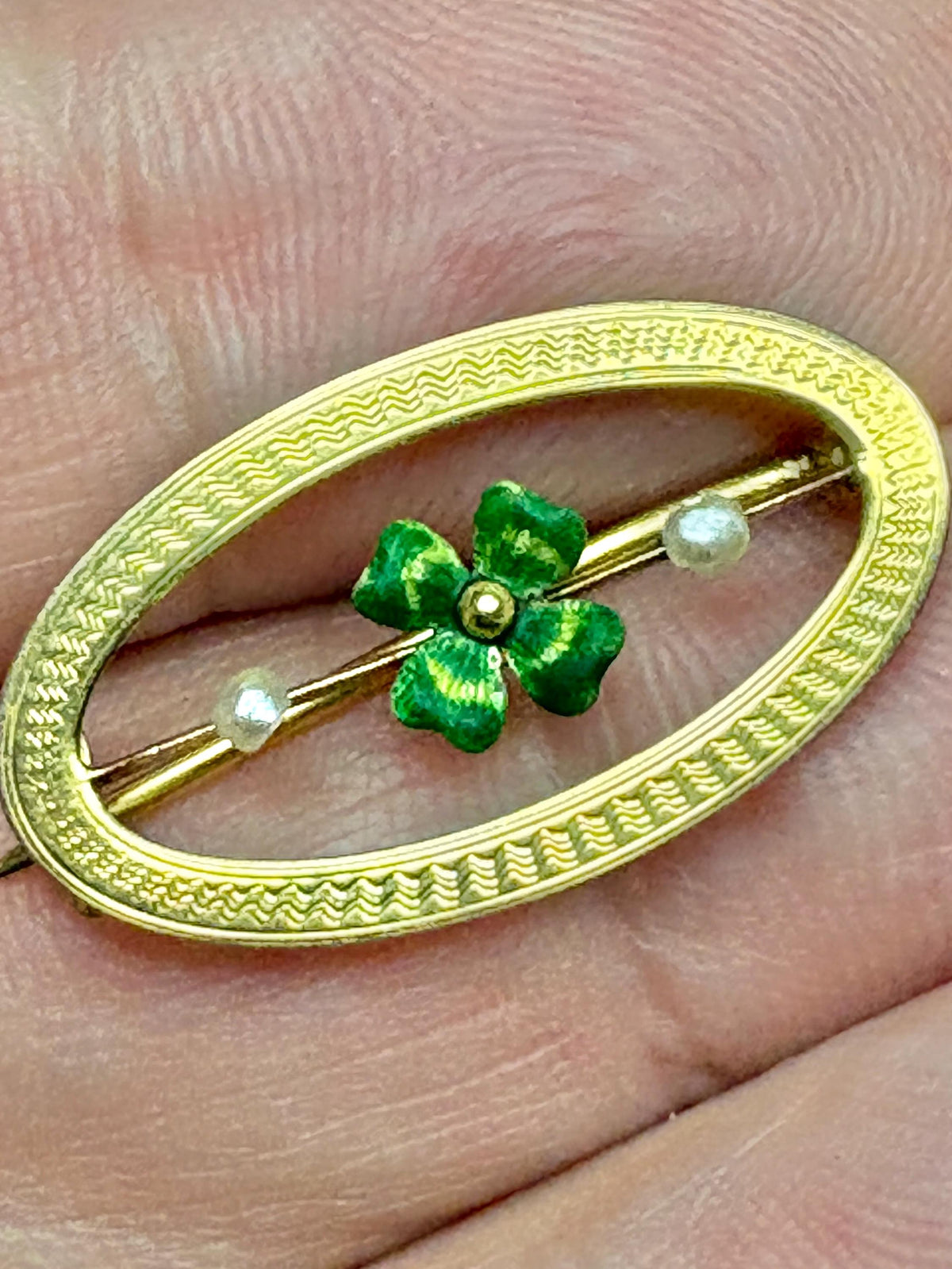 Victorian Enameled Four Leafed Clover and Seed Pearl Brooch in Solid 10k Gold - NewLifeJewelryVault
