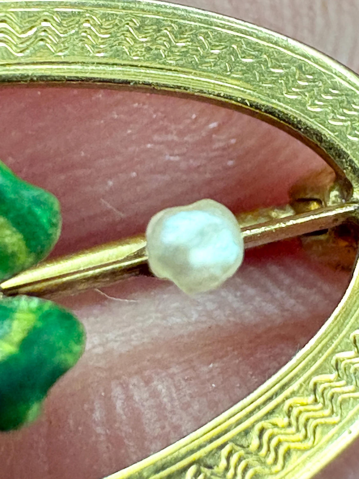 Victorian Enameled Four Leafed Clover and Seed Pearl Brooch in Solid 10k Gold - NewLifeJewelryVault