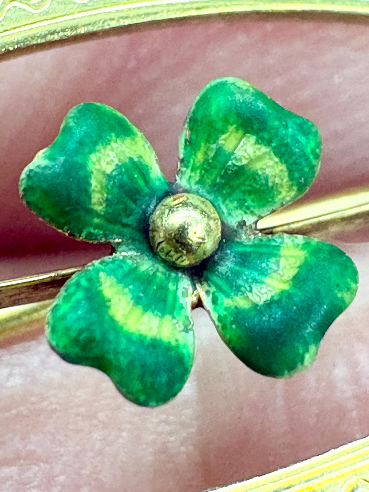 Victorian Enameled Four Leafed Clover and Seed Pearl Brooch in Solid 10k Gold - NewLifeJewelryVault