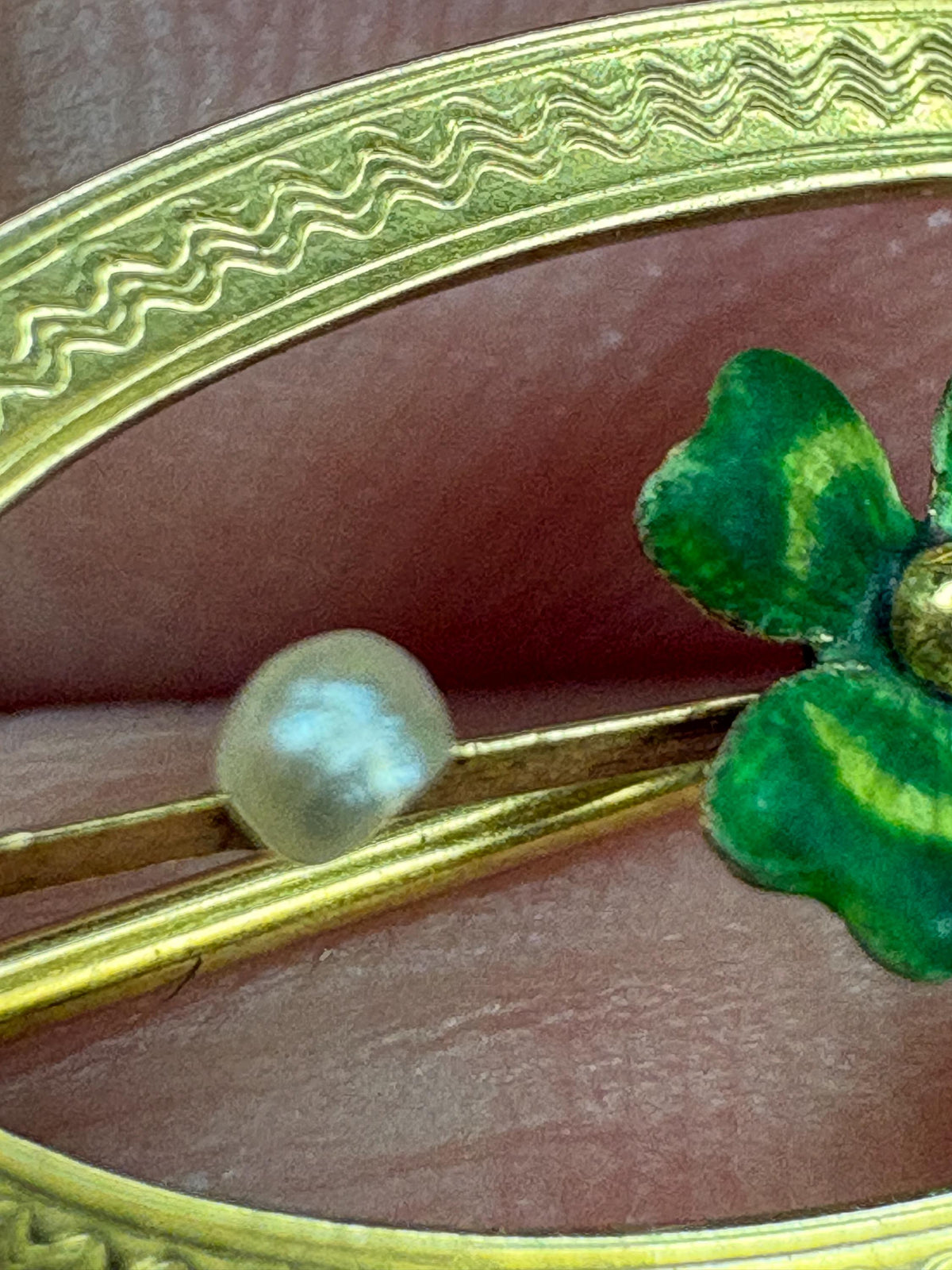 Victorian Enameled Four Leafed Clover and Seed Pearl Brooch in Solid 10k Gold - NewLifeJewelryVault