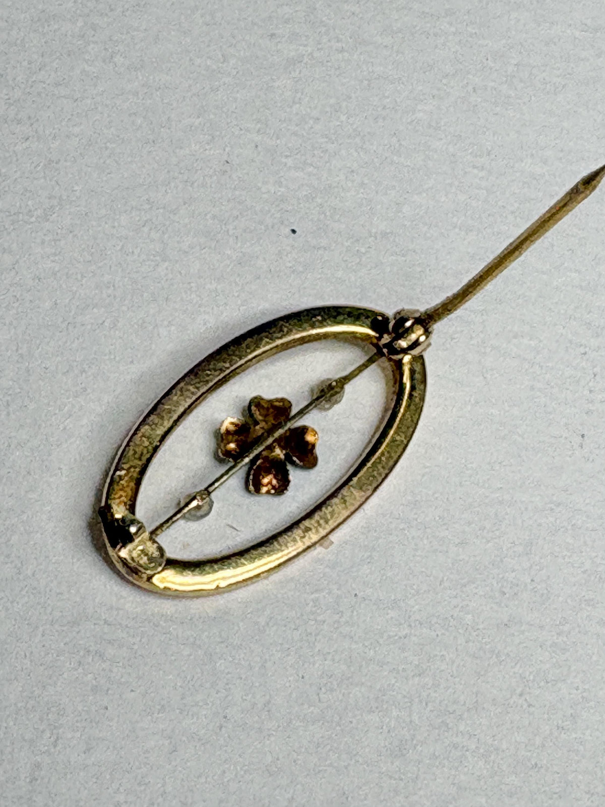 Victorian Enameled Four Leafed Clover and Seed Pearl Brooch in Solid 10k Gold - NewLifeJewelryVault
