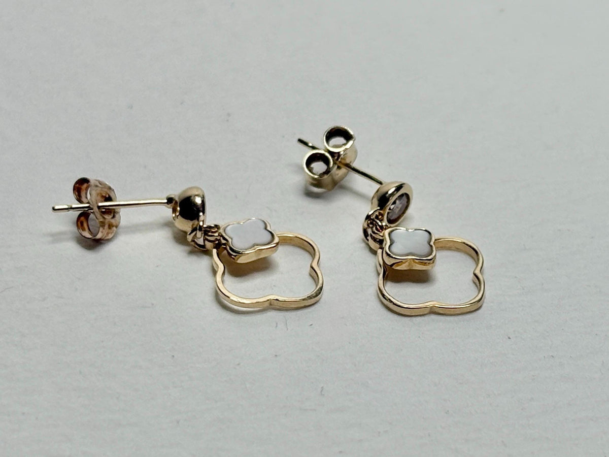 Quatrefoil Mother of Pearl and CZ Dangle Drop Earrings Solid 14k Gold - NewLifeJewelryVault