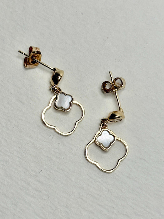 Quatrefoil Mother of Pearl and CZ Dangle Drop Earrings Solid 14k Gold - NewLifeJewelryVault