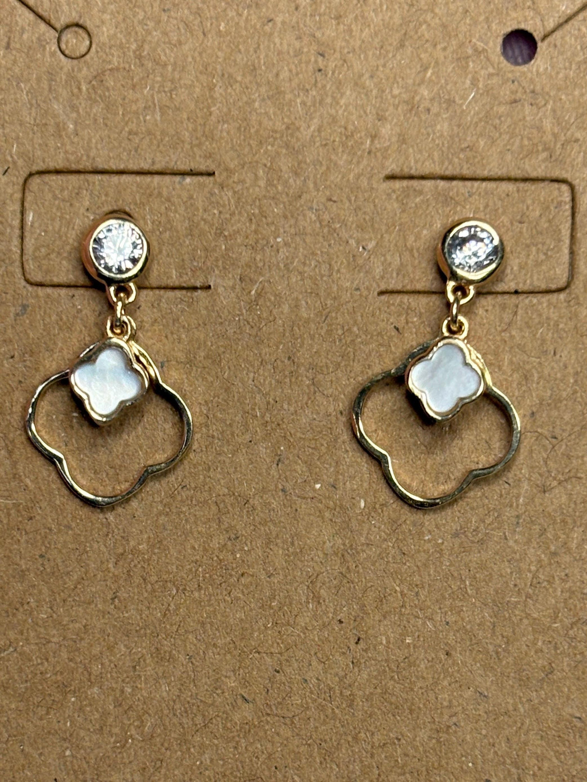 Quatrefoil Mother of Pearl and CZ Dangle Drop Earrings Solid 14k Gold - NewLifeJewelryVault