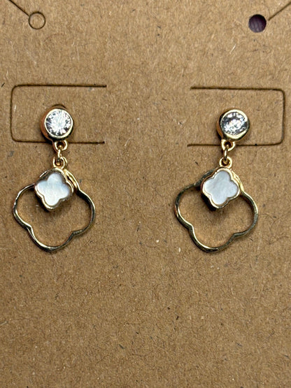 Quatrefoil Mother of Pearl and CZ Dangle Drop Earrings Solid 14k Gold - NewLifeJewelryVault