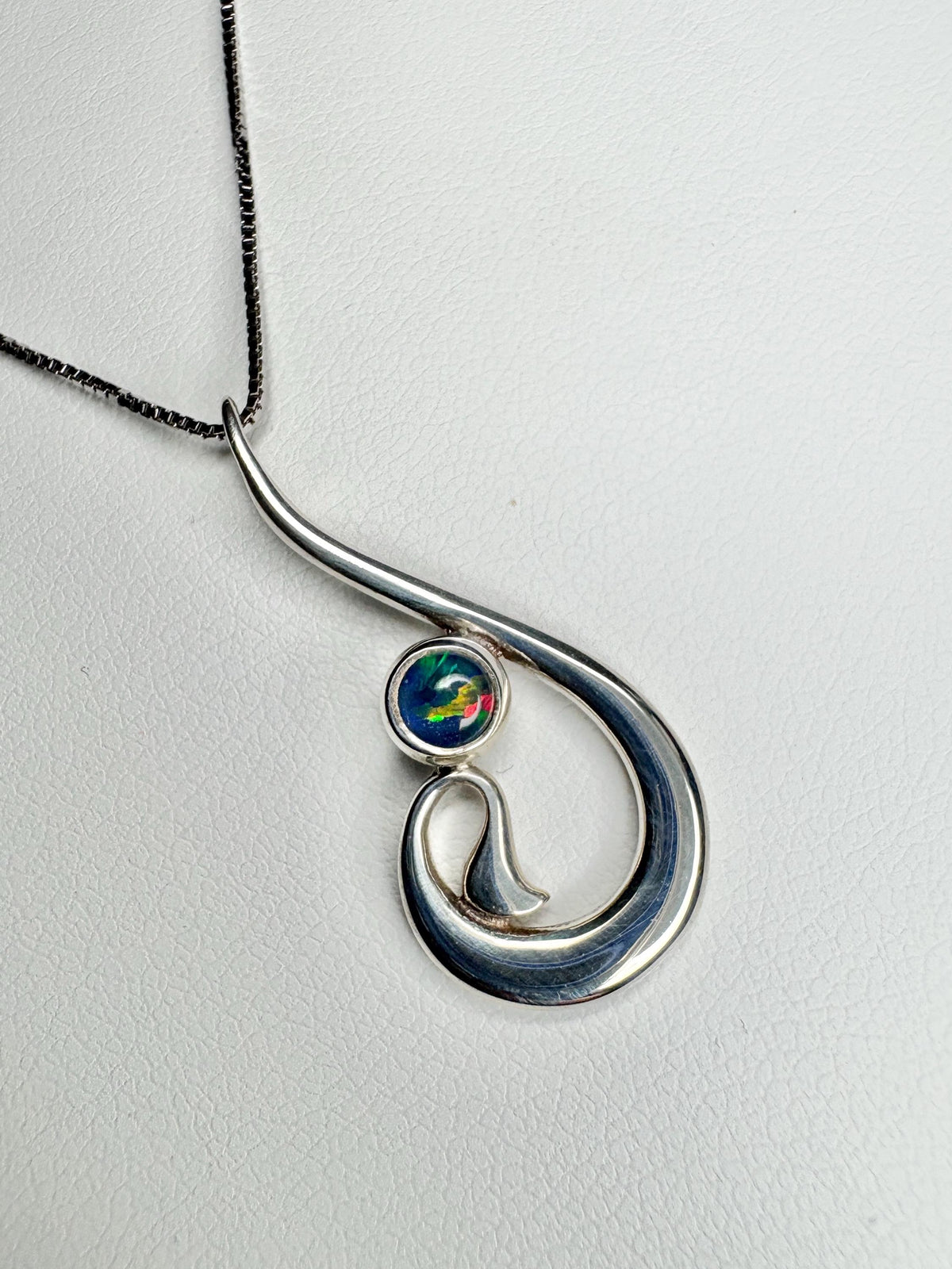 Fish Hook Free Form Style Australian Opal Triplet in Sterling Silver Pendant Necklace 18" - NewLifeJewelryVault