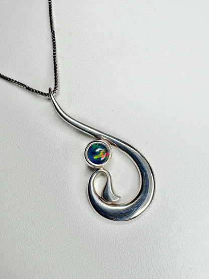 Fish Hook Free Form Style Australian Opal Triplet in Sterling Silver Pendant Necklace 18" - NewLifeJewelryVault