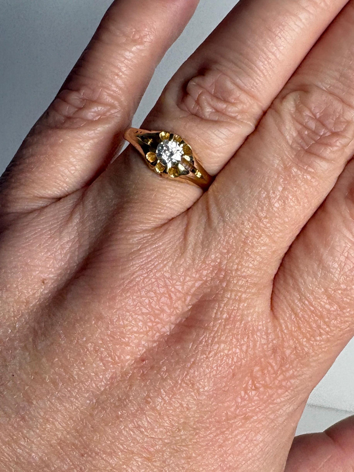 Victorian Old Mine Cut Diamond Belcher Ring Solid 18k Gold 18ct - NewLifeJewelryVault