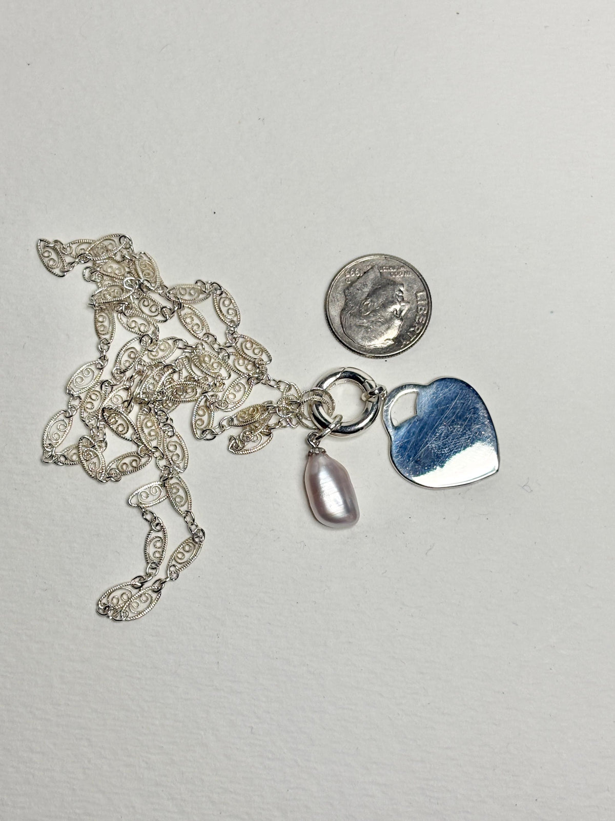 Engravable Heart with Biwa Pearl Charm Filigree Necklace Sterling Silver 23" - NewLifeJewelryVault