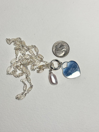 Engravable Heart with Biwa Pearl Charm Filigree Necklace Sterling Silver 23" - NewLifeJewelryVault