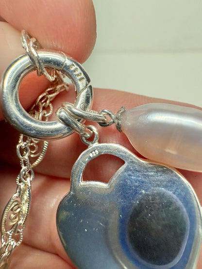 Engravable Heart with Biwa Pearl Charm Filigree Necklace Sterling Silver 23" - NewLifeJewelryVault
