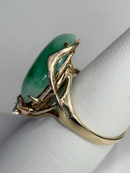 Type A Jadeite Jade and Natural Diamond Freeform Ring in Solid 14k Gold size 6.5 - NewLifeJewelryVault