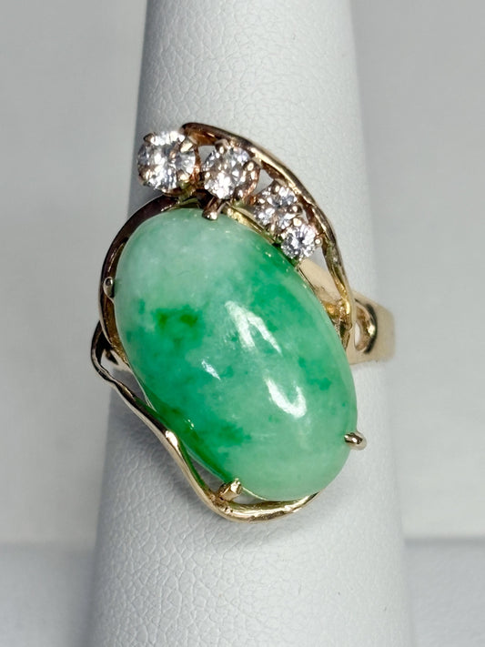 Type A Jadeite Jade and Natural Diamond Freeform Ring in Solid 14k Gold size 6.5 - NewLifeJewelryVault