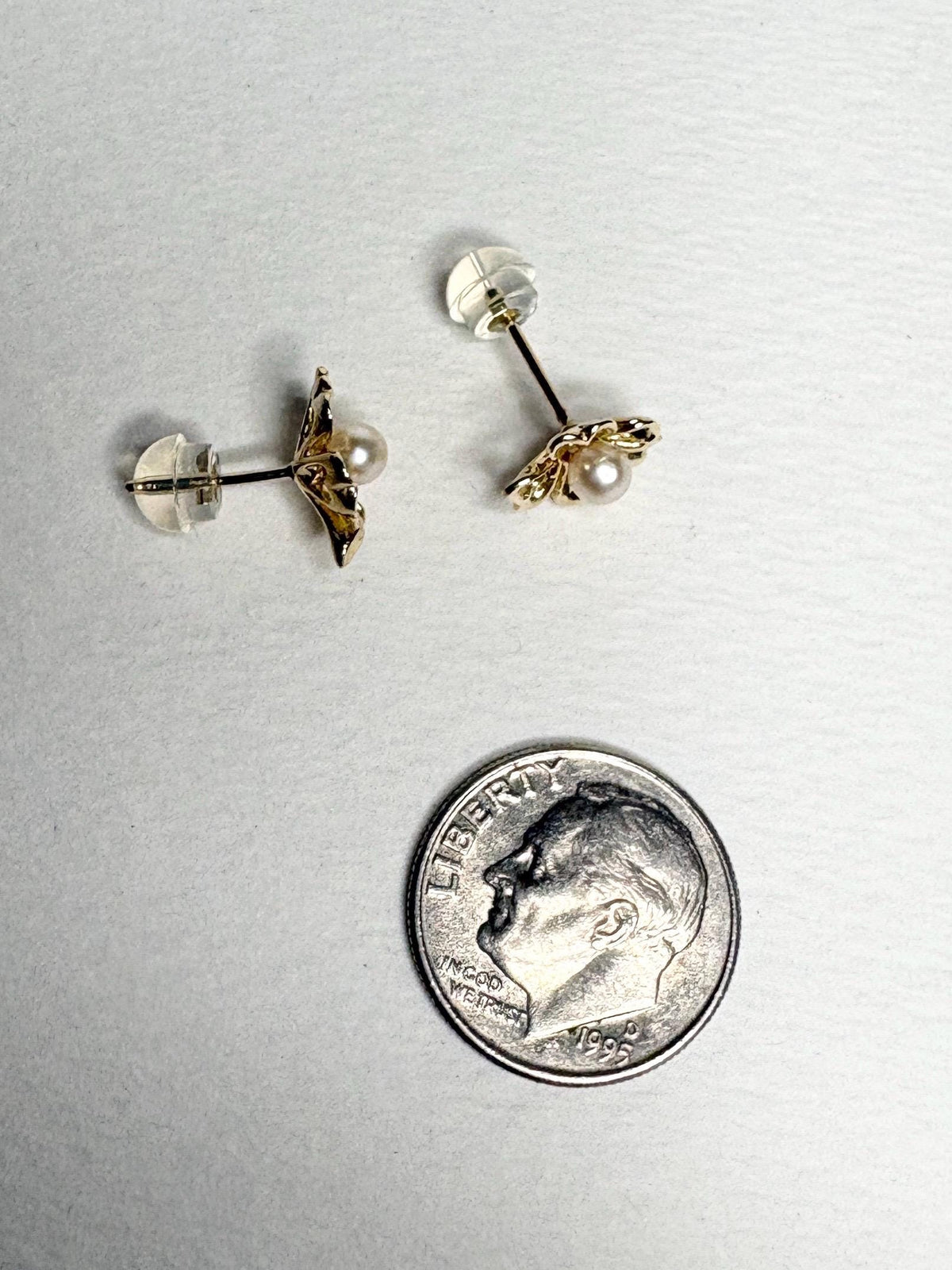 Four Leaf Clover Akoya Cultured Pearl Stud Earrings Solid 14k Gold - NewLifeJewelryVault