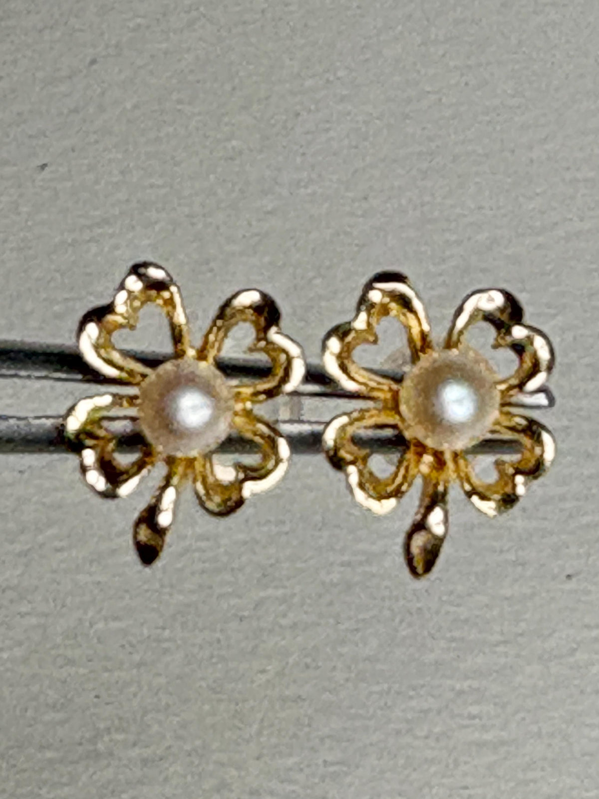 Four Leaf Clover Akoya Cultured Pearl Stud Earrings Solid 14k Gold - NewLifeJewelryVault