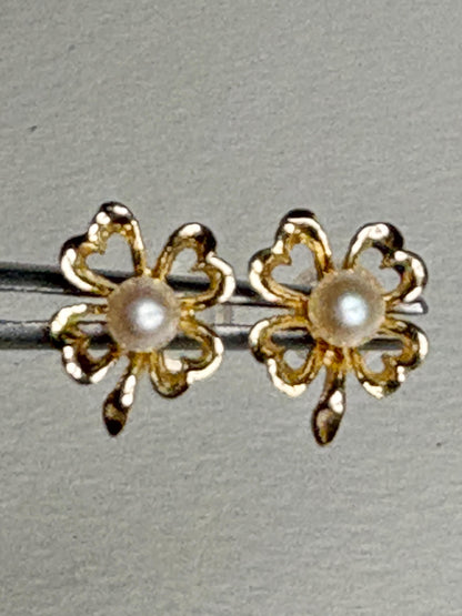Four Leaf Clover Akoya Cultured Pearl Stud Earrings Solid 14k Gold - NewLifeJewelryVault