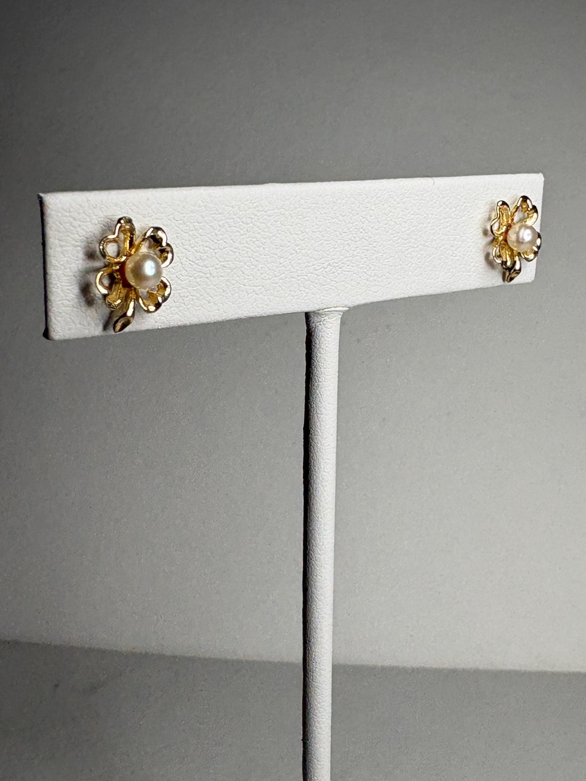 Four Leaf Clover Akoya Cultured Pearl Stud Earrings Solid 14k Gold - NewLifeJewelryVault