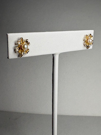 Four Leaf Clover Akoya Cultured Pearl Stud Earrings Solid 14k Gold - NewLifeJewelryVault