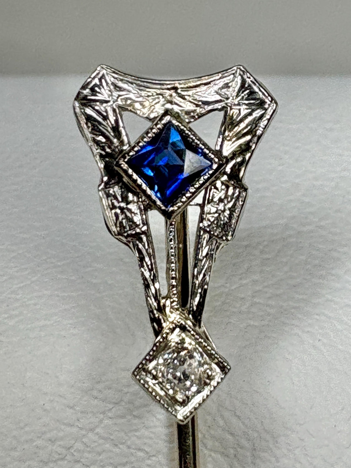 Art Deco Sapphire and Diamond Stick Hat Pin Solid 14k White Gold - NewLifeJewelryVault