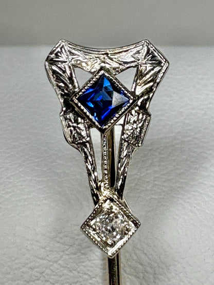 Art Deco Sapphire and Diamond Stick Hat Pin Solid 14k White Gold - NewLifeJewelryVault