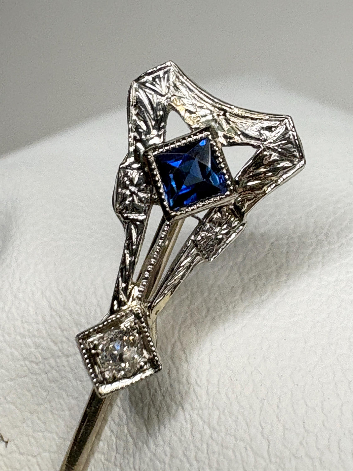 Art Deco Sapphire and Diamond Stick Hat Pin Solid 14k White Gold - NewLifeJewelryVault