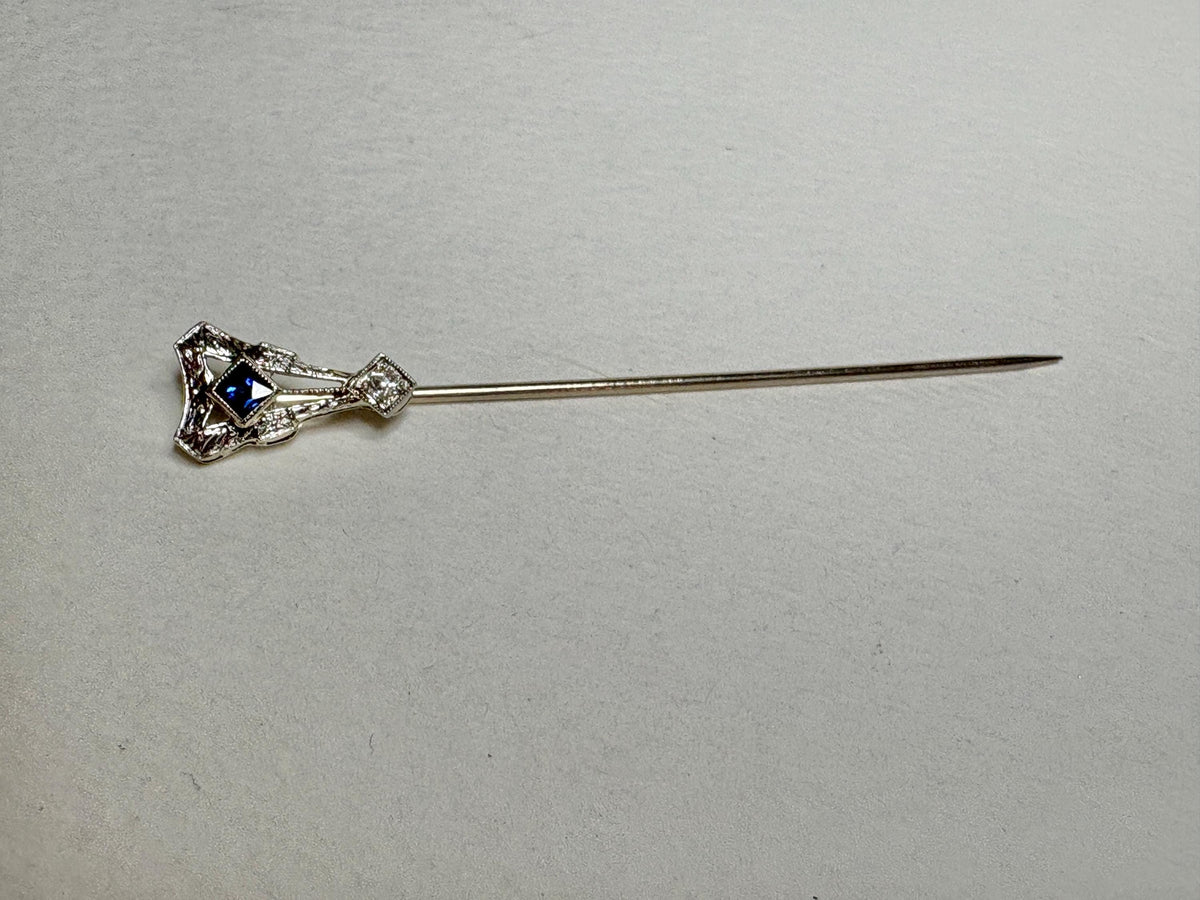 Art Deco Sapphire and Diamond Stick Hat Pin Solid 14k White Gold - NewLifeJewelryVault