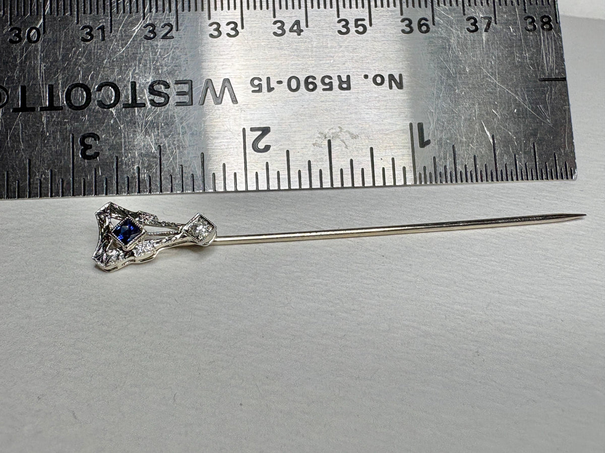 Art Deco Sapphire and Diamond Stick Hat Pin Solid 14k White Gold - NewLifeJewelryVault