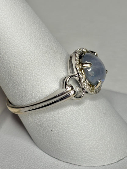 White Star Sapphire and Diamond Halo Ring Solid 14k White Gold size 9.25 - NewLifeJewelryVault