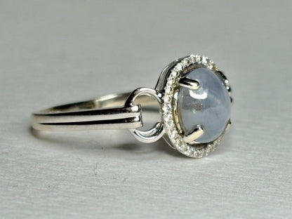 White Star Sapphire and Diamond Halo Ring Solid 14k White Gold size 9.25 - NewLifeJewelryVault