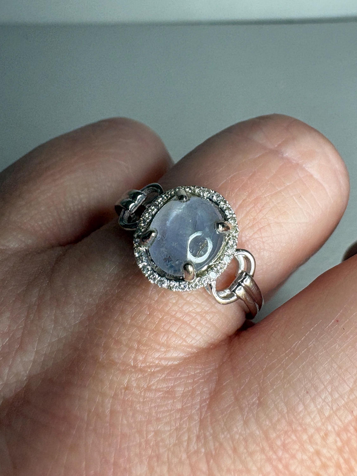 White Star Sapphire and Diamond Halo Ring Solid 14k White Gold size 9.25 - NewLifeJewelryVault