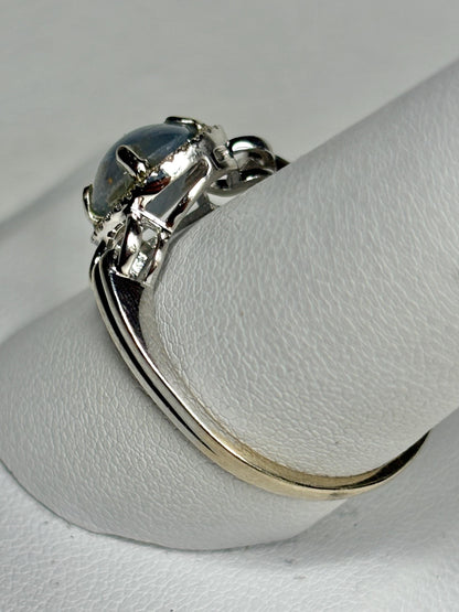 White Star Sapphire and Diamond Halo Ring Solid 14k White Gold size 9.25 - NewLifeJewelryVault