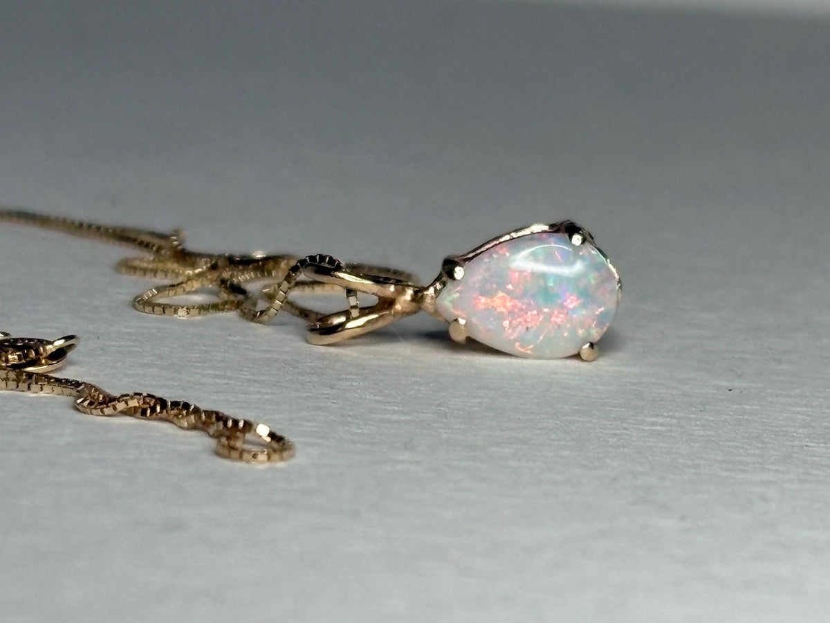 Australian Opal Solitaire Tear Drop Pearl Solitaire Pendant 10k on 14k Chain 18" - NewLifeJewelryVault