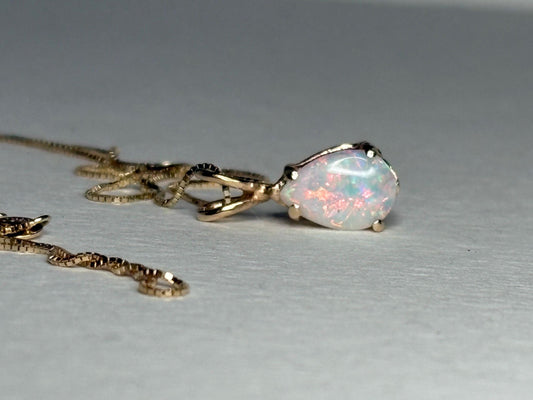Australian Opal Solitaire Tear Drop Pearl Solitaire Pendant 10k on 14k Chain 18" - NewLifeJewelryVault