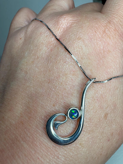 Fish Hook Free Form Style Australian Opal Triplet in Sterling Silver Pendant Necklace 18" - NewLifeJewelryVault